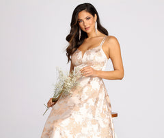 Cherie Floral Jacquard Deep V Ball Gown